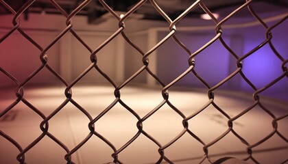 Fototapeta premium Interior of a cage, viewed through metal fence. Bright lighting