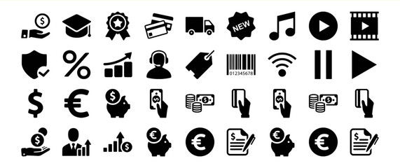 A diverse collection of icons representing various financial, commercial, and multimedia concepts, suitable for websites or applications.