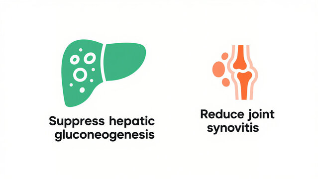 Green liver and orange joint pattern represent the inhibition of hepatic gluconeogenesis and alleviation of joint synovitis, suitable for metabolic regulation and joint care scenarios.