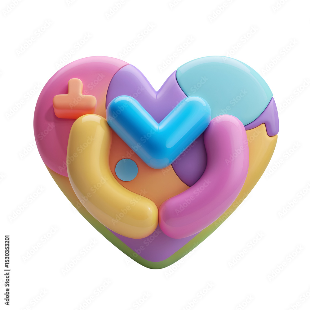 Poster digital 3d geometric artwork with rainbow gradient bars and circular elements, minimalist sculpture 