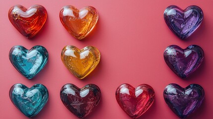 Colorful glass hearts arranged in a grid pattern on a vibrant pink background