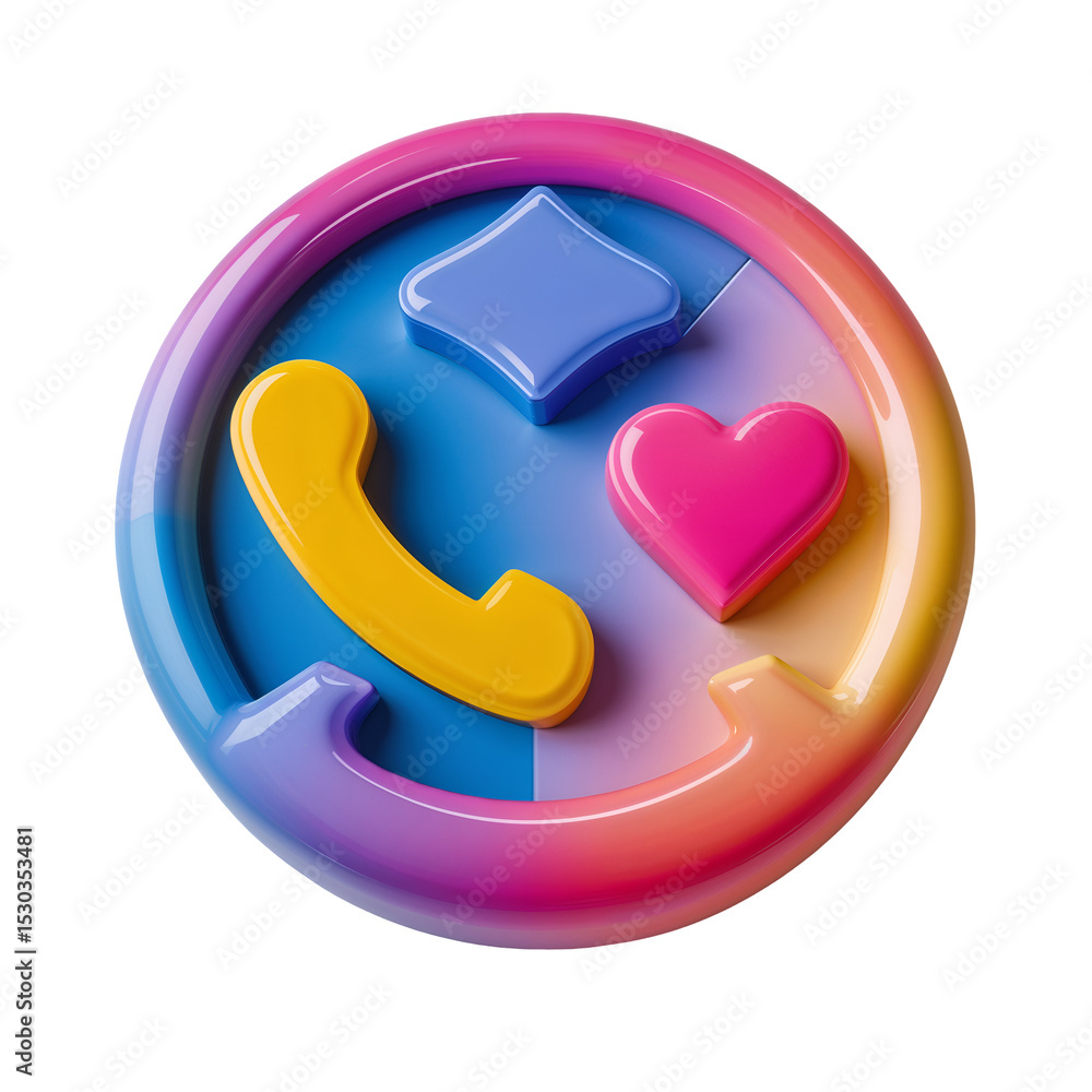 Poster colorful geometric sculpture featuring a square frame with rounded rectangular bars and raised circu