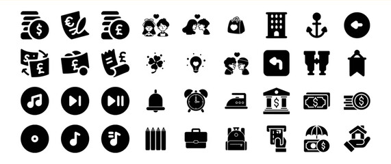 A diverse collection of glyph icons representing various concepts such as finance, love, music, time, and more, suitable for user interfaces and applications.
