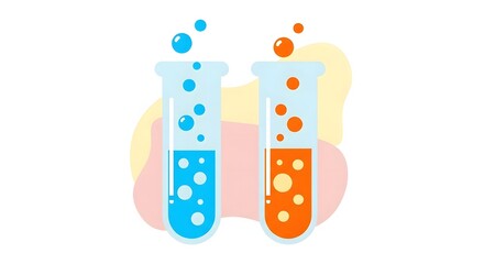 Science Experiment Two Test Tubes with Bubbling Liquids, Colorful Illustration