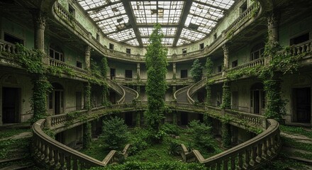 Palacio antiguo abandonado invadido por la vegetación con escaleras simétricas y cúpula de cristal rota