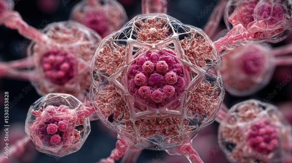 Poster this visual showcases complex cellular structures amid a colorful backdrop, highlighting intricate m