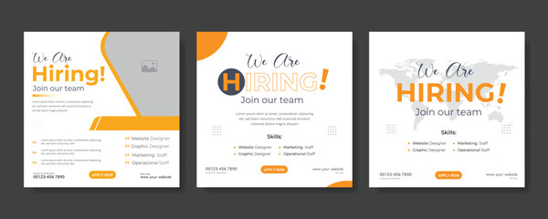 We are hiring job vacancy social media post banner design template. We are hiring job vacancy square web banner design.