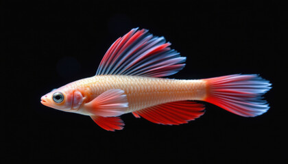 Vibrant fish with striking red and white fins gracefully swims against dark background, showcasing its delicate features and colorful patterns. This aquatic creature embodies beauty and elegance
