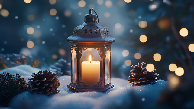 Illuminated lantern with candle and pine cones in winter wonderland scene with bokeh effect