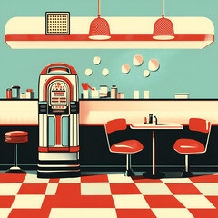 Retro diner scene featuring vintage decor and dining area classic american nostalgia bright and colorful environment