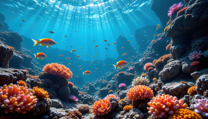Beneath ocean surface, vibrant coral reefs teem with life, showcasing colorful coral formations and schools of fish swimming gracefully in clear blue water