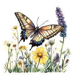 Butterfly interaction with wildflowers nature scene watercolor art serene environment close-up view natural beauty
