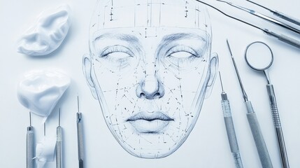 Clinical flat lay of surgical chin tools, silicone sample, and facial blueprint
