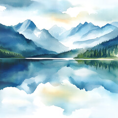 Tranquil reflection of mountains and forests in serene lake nature landscape outdoor panoramic view