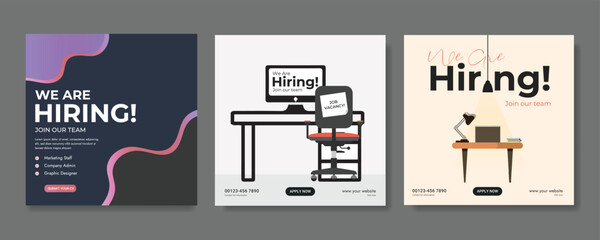 We are hiring job vacancy social media post banner design template with red color. We are hiring job vacancy square web banner design. Employee vacancy announcement. Illustration isolated