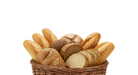 A woven wicker basket filled with assorted artisan bread loaves baguettes, multigrain, rye, sourdough, and sliced bread displayed on a white background, perfect for bakery or breakfast visuals.