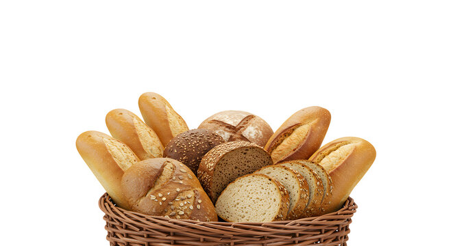 A woven wicker basket filled with assorted artisan bread loaves baguettes, multigrain, rye, sourdough, and sliced bread displayed on a white background, perfect for bakery or breakfast visuals.