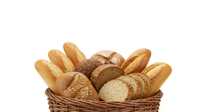 A woven wicker basket filled with assorted artisan bread loaves baguettes, multigrain, rye, sourdough, and sliced bread displayed on a white background, perfect for bakery or breakfast visuals.