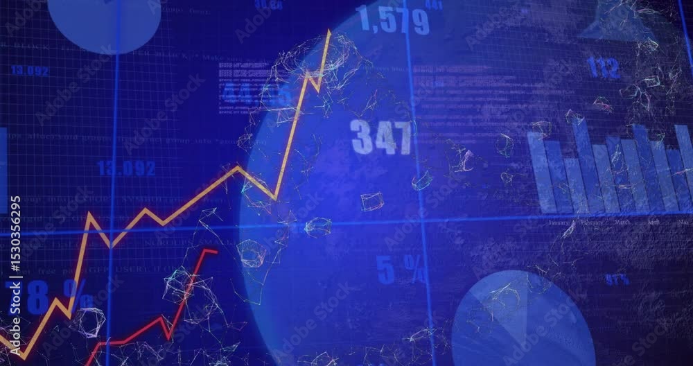 Poster orange line emerging from grid causing labels while globe rotating and charts showing in data loop