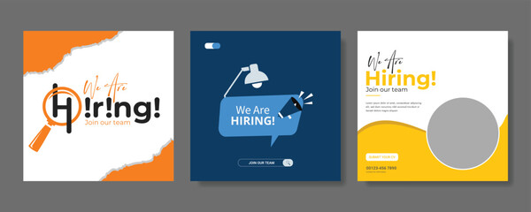 Fototapeta premium We are hiring job vacancy social media post banner design template with red color. We are hiring job vacancy square web banner design. Employee vacancy announcement. Illustration isolated