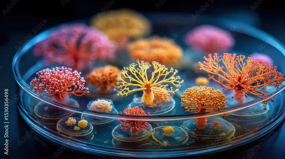 Poster vibrant coral-like structures thrive in petri dishes, showcasing an array of colors and forms. the d