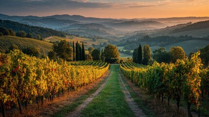 Naklejka premium Scenic view of a vibrant vineyard during sunset, showcasing rows of grapevines stretching into the distance. The soft light casts a warm glow across the hills and trees.