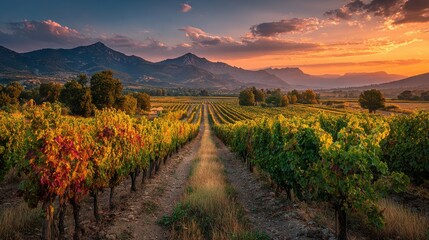 Fototapeta premium Rows of grapevines fill the landscape with autumn colors as they stretch towards majestic mountains. A stunning sunset bathes the vineyard in warm, golden light, enhancing the scenery.