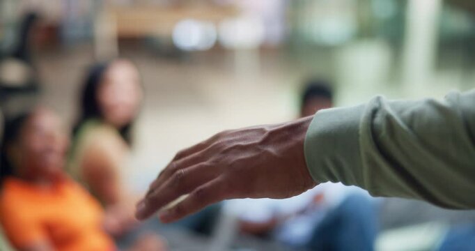 Education, hands and teaching with group in office for coaching, development or learning closeup. Lesson, presentation and upskill with colleague people in workplace together for project management