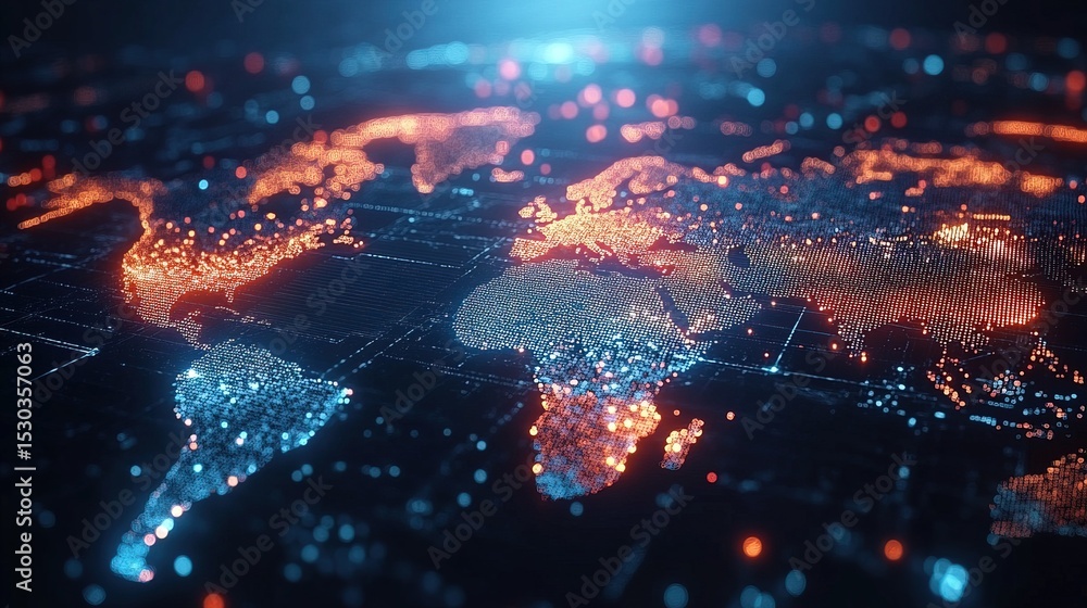 Poster abstract glowing world map pixelated connection futuristic technology concept design