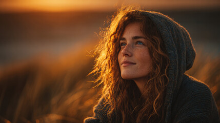 Fototapeta premium A woman sits on a beach, her curly hair illuminated by the warm glow of the setting sun. She looks thoughtfully into the distance, surrounded by tall grass.