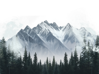 Watercolor style snowy mountains and pine trees