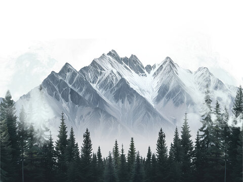 Watercolor style snowy mountains and pine trees