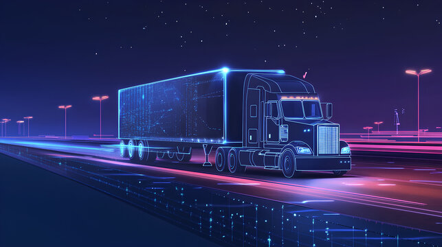 Illustration of autonomous truck driving on highway. Traffic sensors scan surroundings. Cargo delivery, future transportation powered by AI. Self driving vehicle on road. Stock Illustration