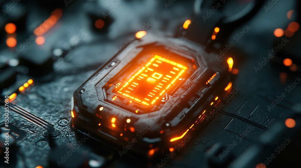 Poster futuristic scifi detail rectangular device with glowing display on dark surface