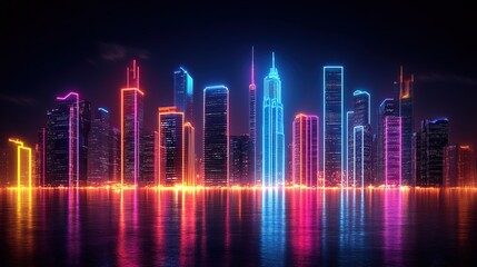 Fototapeta premium Modern Neon Lit Cityscape with Water Reflection and Dark Sky