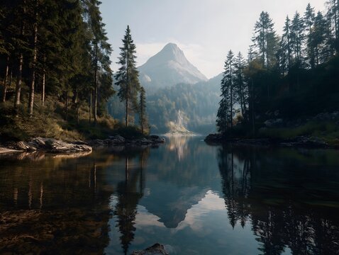 Serene mountain lake reflecting majestic peak surrounded by lush evergreen forest tranquil nature scenery