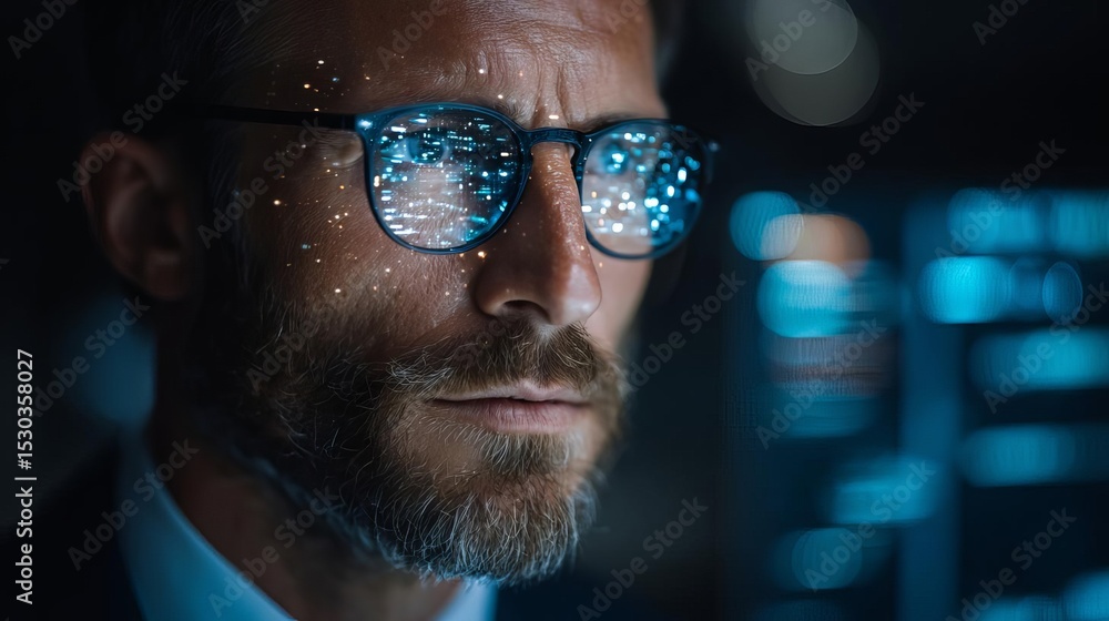 Poster focused businessman analyzing data on digital interface.