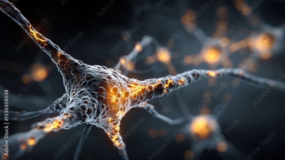Poster close-up view of neurons transmitting signals in a dark setting. the neurons glow with electric impu