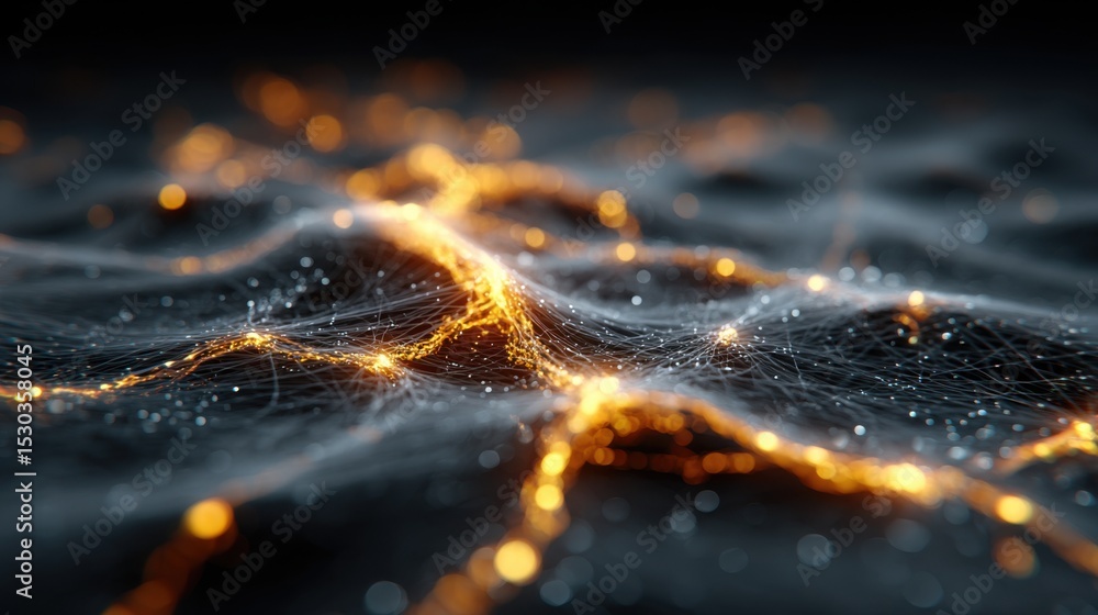 Poster intricate network of glowing particles forms a dynamic, flowing pattern against a dark backdrop, evo