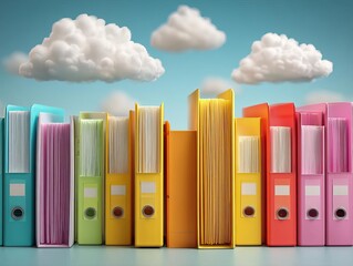 Colorful binders organized neatly on a desk under soft clouds.