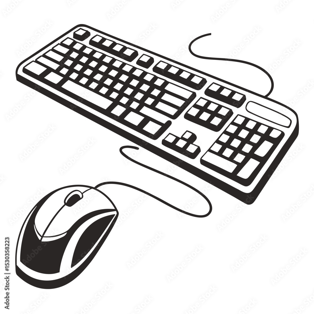 Aufkleber black and white illustration of a computer keyboard and mouse combination
