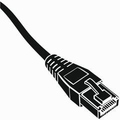 Black and white illustration of an Ethernet cable and its connector
