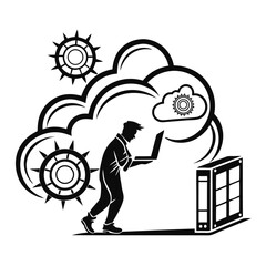 Cloud Computing and Data Management Conceptual Illustration with Laptop User and Server