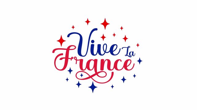 Vive la France animated text in red and blue color. French patriotic animation clip. Bastille Day holiday concept footage.