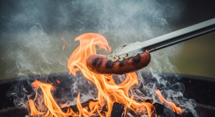 Grilled sausage on barbecue grill with open flames and smoke
