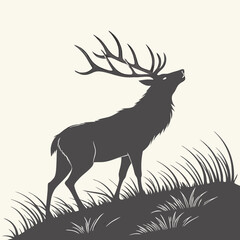 Majestic Elk Silhouette Standing Proudly in a Grassy Field on a Hill