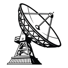 Monochrome illustration of a large satellite dish antenna pointing towards the sky
