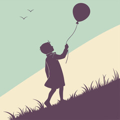 Silhouette of a Child with a Balloon Ascending a Grassy Hill