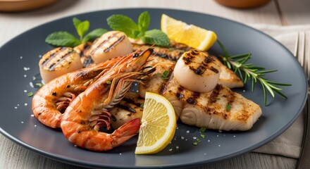 Grilled seafood platter with lemon and herbs: shrimp, scallops, fish