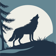 Silhouette of a Howling Wolf Against a Full Moon in a Forest Landscape